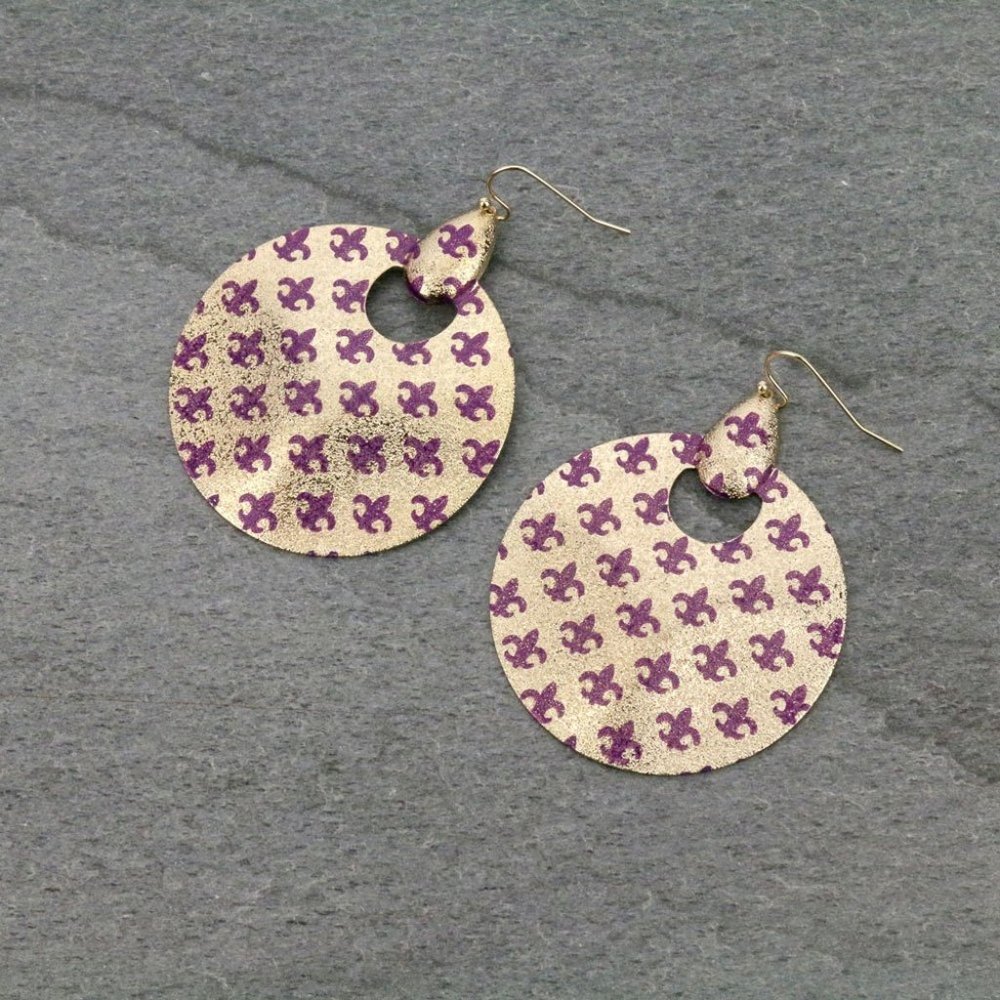 Gold LSU Game Day Earrings w/ Purple Fleur De Lis